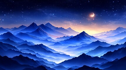 Majestic snow capped peaks silhouetted against a vast starry night sky creating a dreamlike serene atmosphere