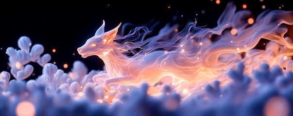 A fantastical image depicting a majestic ethereal dragon made of fire and wispy smoke set against a dark enchanting backdrop filled with glowing light and an otherworldly atmosphere