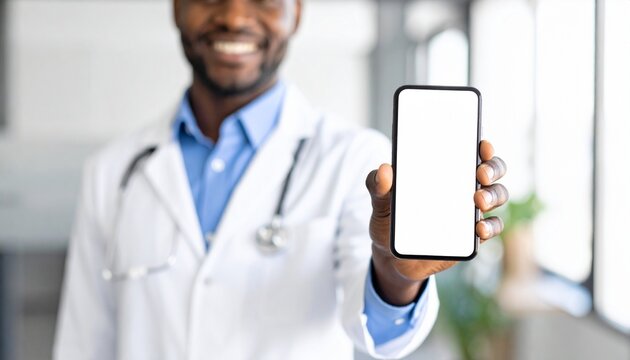 A male doctor is holding a cell phone in his hands, using a blank white mockup screen to demonstrate an ehealth mobile app for medical healthcare telemedicine advertisements and e telehealth online ap - Powered by Adobe
