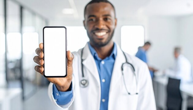 A male doctor is holding a cell phone in his hands, using a blank white mockup screen to demonstrate an ehealth mobile app for medical healthcare telemedicine advertisements and e telehealth online ap