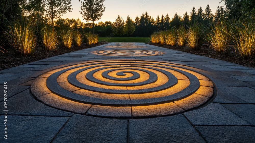 Aufkleber spiral patterns illuminated on pathway with surrounding grass and trees at sunset in a serene outdoo