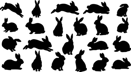 Black Silhouette Rabbits in Various Poses Graphic Illustration Design

