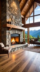 Rustic Stone Fireplace Facade with Burning Fire in a Cozy Mountain Lodge Interior with Wooden Beams and Natural Lighting