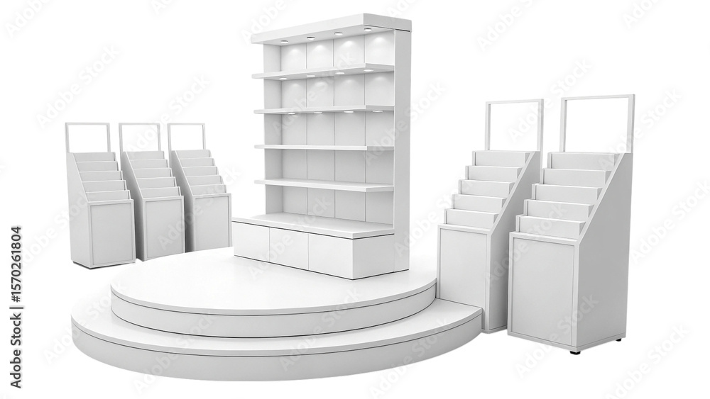 Poster white display setup featuring shelves and tiered stands on a circular platform stage area created wi