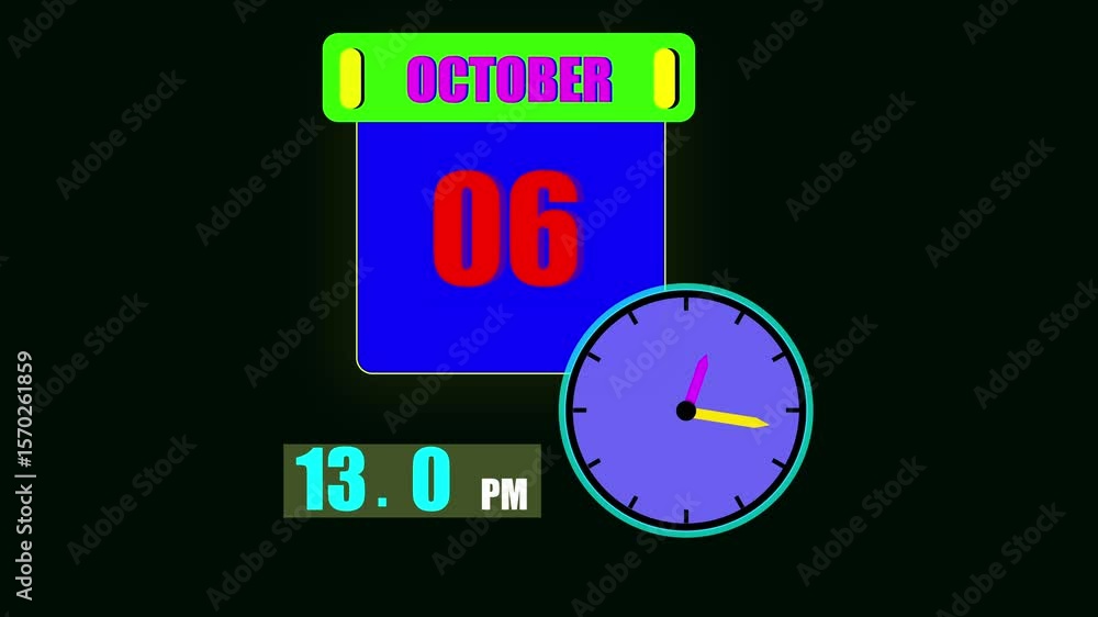 Aufkleber calendar displaying october 6th day with a clock and 24 hours counting the current time on a dark ba