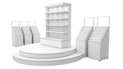 White display setup featuring shelves and tiered stands on a circular platform stage area created with generated ai