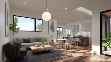 Fototapeta premium Bright, open living room and kitchen with modern furniture and large windows/door