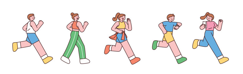 People running in various styles. Flat line vector illustration.