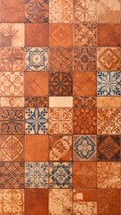 Rustic Terracotta Tile Pattern Featuring Geometric Designs in Earthy Tones with Matte Glaze
