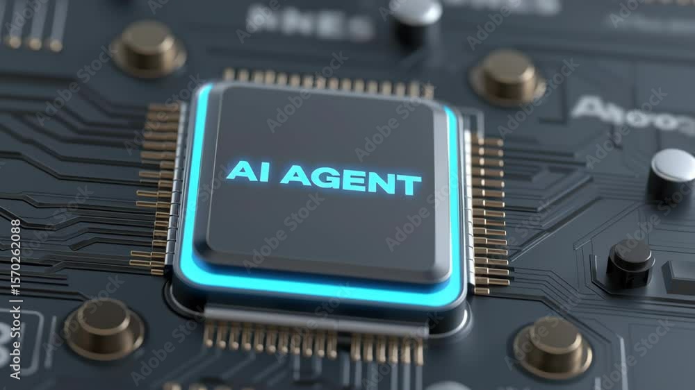 Poster ai agent assistance and workflow automation concept, ai chip with glowing accents on a circuit board