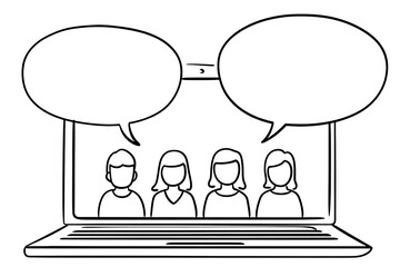 Four people are shown on a laptop screen with speech bubbles.