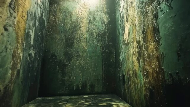 Abandoned, deteriorating room with peeling paint and water damage, evoking a sense of neglect