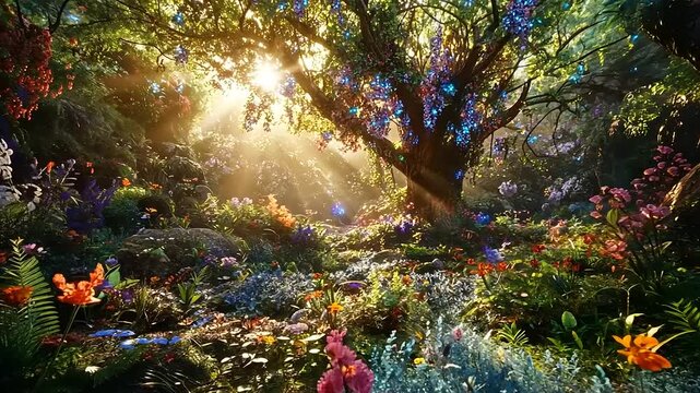 Enchanted forest scene with vibrant flowers and sunlight filtering through trees