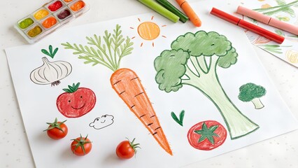 child's drawing of vegetables and healthy food