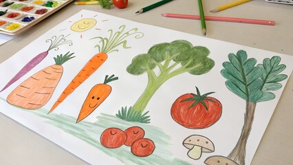 child's drawing of vegetables and healthy food