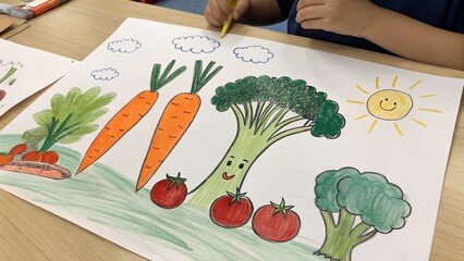 child's drawing of vegetables and healthy food