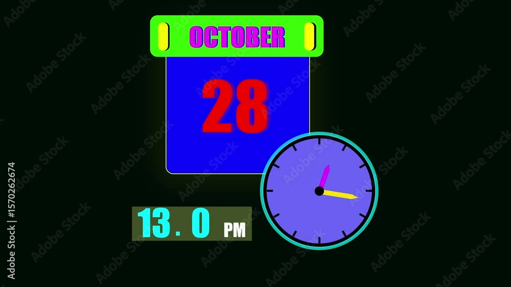Poster calendar displaying october 28th day with a clock and 24 hours counting the current time on a dark b