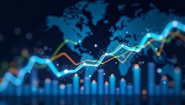 Abstract technology circuit board with binary code illustrates digital financial market growth