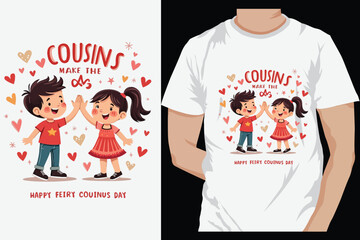 Happy Cousins Day T Shirt Design with Cartoon Boy and Girl