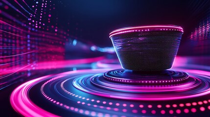 Futuristic podium with neon lights and digital effects