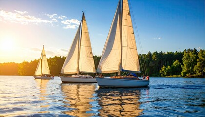 Sailboats Drifting On Calm Summer Lake At Golden Hour With Sunlight And Reflections