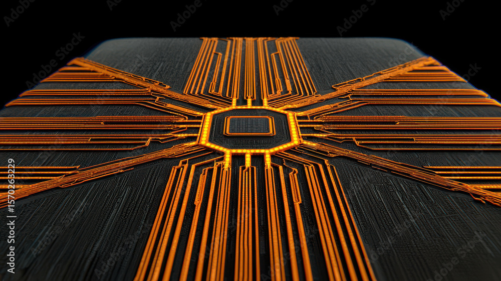 Poster abstract close-up of a futuristic circuit board with vibrant orange lines and a sleek black surface 