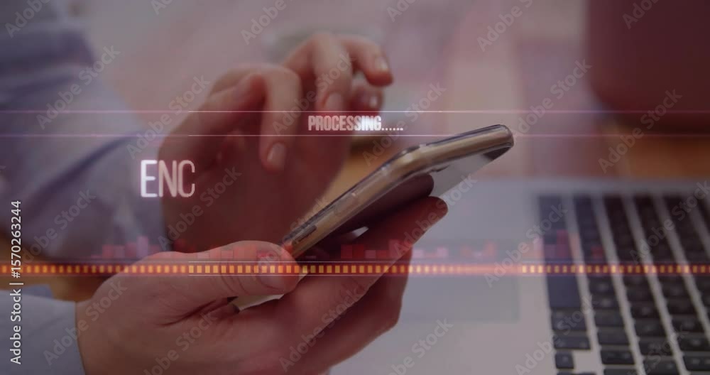 Poster hands holding smartphone tapping screen initiating processing overlay flickering secure data flow
