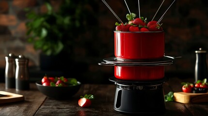 Strawberries in red fondue pot. Fresh strawberries in red fondue pot ready for dipping. Cozy setup for dessert fondue celebration. Warm, festive ambiance. National Fondue Month