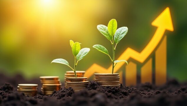 Double exposure image of business profit growth background
