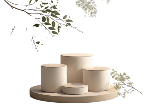 Beige cylindrical podiums arranged on a larger circular platform with floral accents against dark backdrop created with generated ai