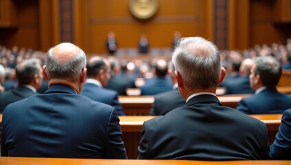 Businessmen and women smiling, sitting in a conference hall, or standing in a city street, are casually watching
