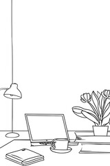 Line drawing of a workspace with laptop, lamp, coffee, flowers and books.