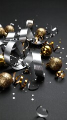Scattered Metallic Silver And Gold Ribbon Curls With Sparkling Glitter Against A Dark Black Background