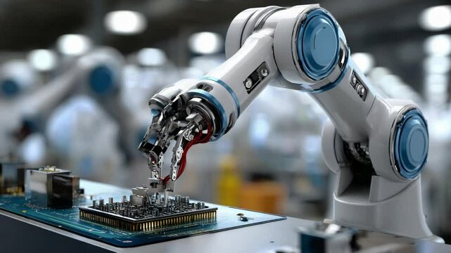 Automation in Production: Advanced robotic arm precisely assembling circuit board in a futuristic industrial setting, highlighting the integration of technology and precision manufacturing process.