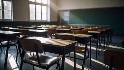 Clean Classroom with Empty Desks. Back to School Concept. Generated image