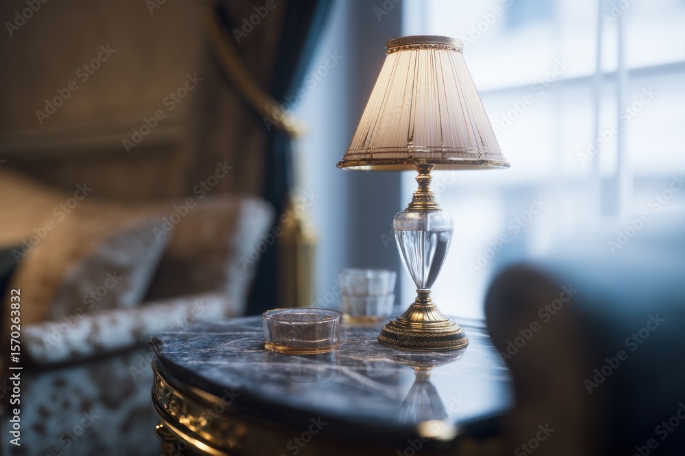 Poster illuminated table lamp with a pleated shade on a marble side table in an elegant interior setting
