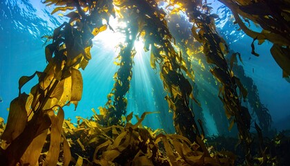 Sea Level View of Kelp Forests Swaying Underwater with Sunlight Rays Illuminating Marine Environment