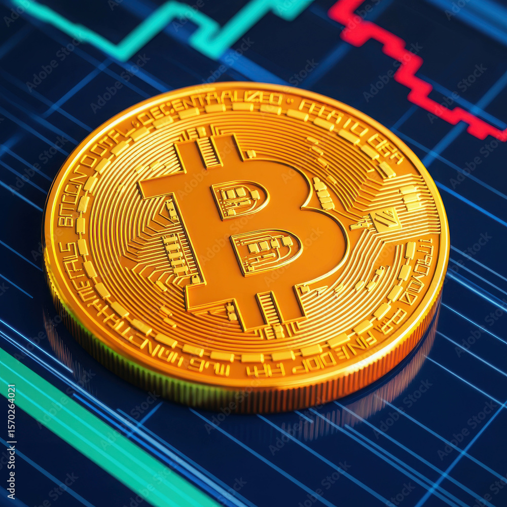 Poster golden bitcoin coin on abstract background with price chart and graph showing financial trends in cr