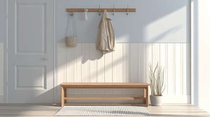 A bright entryway with a wooden bench coat rack and decorative plant creating a welcoming atmosphere