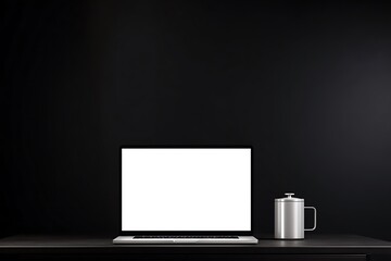 Blank laptop screen and coffee pot on a dark surface.