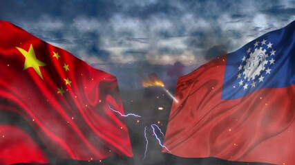 4k conflict or war between China vs Taiwan, 3D flag waving loop animation on Burning Red Hot Sparks, Fire Glowing Particles on Smoky blue Background, Disaster, nuclear war in two countries