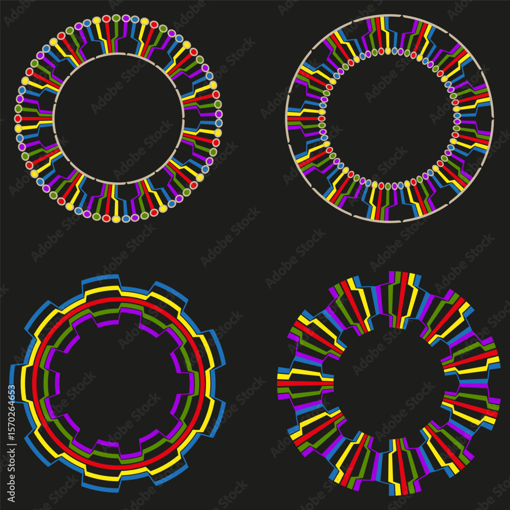 Poster rainbow ring set. concentric loop vector. glowing circular motif. dark contrast art.