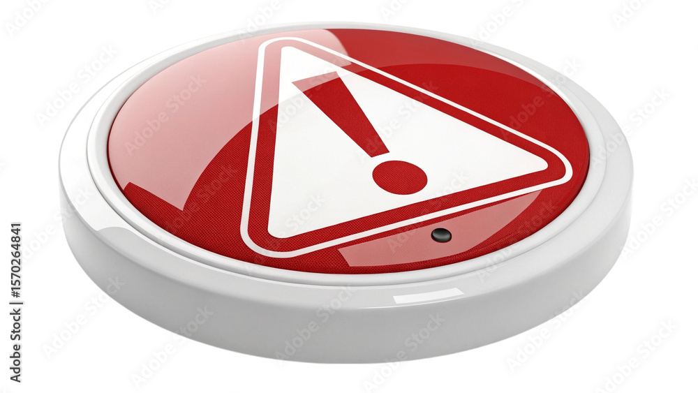 Poster a round white button with a red background and a white triangle exclamation point symbol on it creat