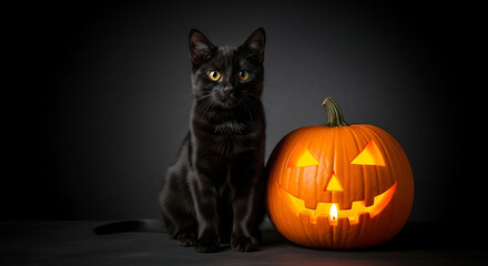 Black cat sitting next to lit jack-o'-lantern