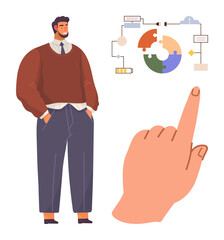 Man standing confidently near planning infographics featuring flowchart, puzzle, cloud, and connectivity. Ideal for productivity, teamwork, management, analysis, brainstorming strategy simple flat