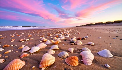 Seashell Strewn Beach at Low Tide Under Pink Sunset Sky with Waves and Sandy Shoreline