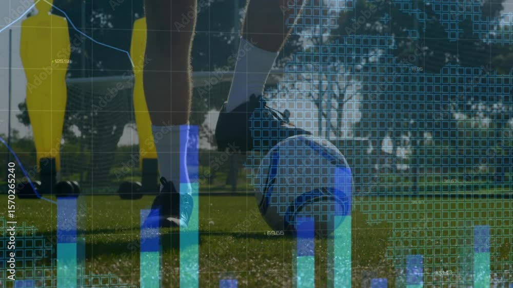 Poster player initiating soccer drill lifting foot and tapping ball while charts and line graph updating