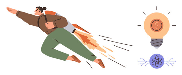 Individual using rocket-powered backpack to soar forward lightbulb with dollar sign and atomic element icons. Ideal for innovation, creativity, progress, entrepreneurship, financial growth