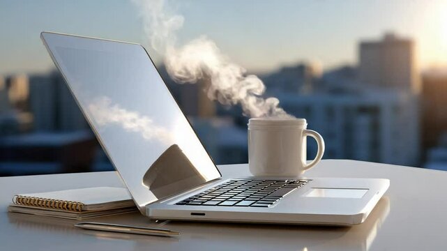 Morning Brew and Ambition: Laptop and steaming cup of coffee on a sun-kissed table ready to kickstart the day.
