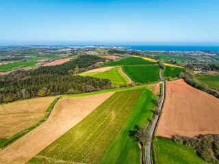 Farms and Fields over Torquay from a drone, Devon, England